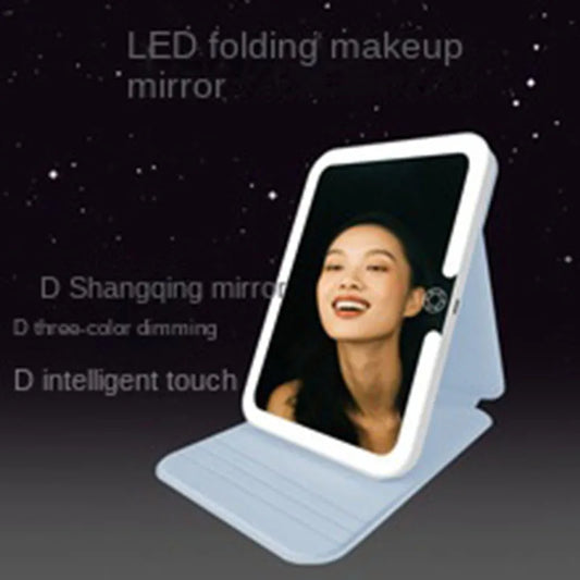 Rechargeable Tri-light LED Makeup Mirror with Leather Case Square Folding Portable Travel Vanity Light Cosmetic Mirror
