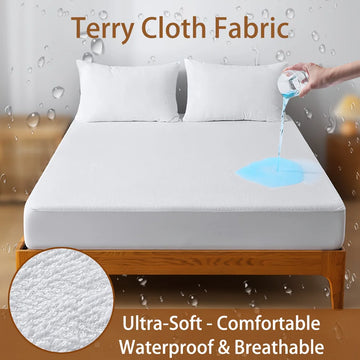 Waterproof Terry Cloth Mattress Protector Cover, Breathable Microfiber with Noiseless Fitted Sheet with Deep Pocket for Bed
