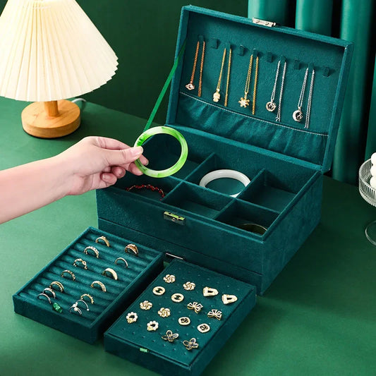 Green Velvet Jewelry Storage Box – Large Capacity Organizer for Rings, Earrings & Necklaces | NaturalBuiltHome