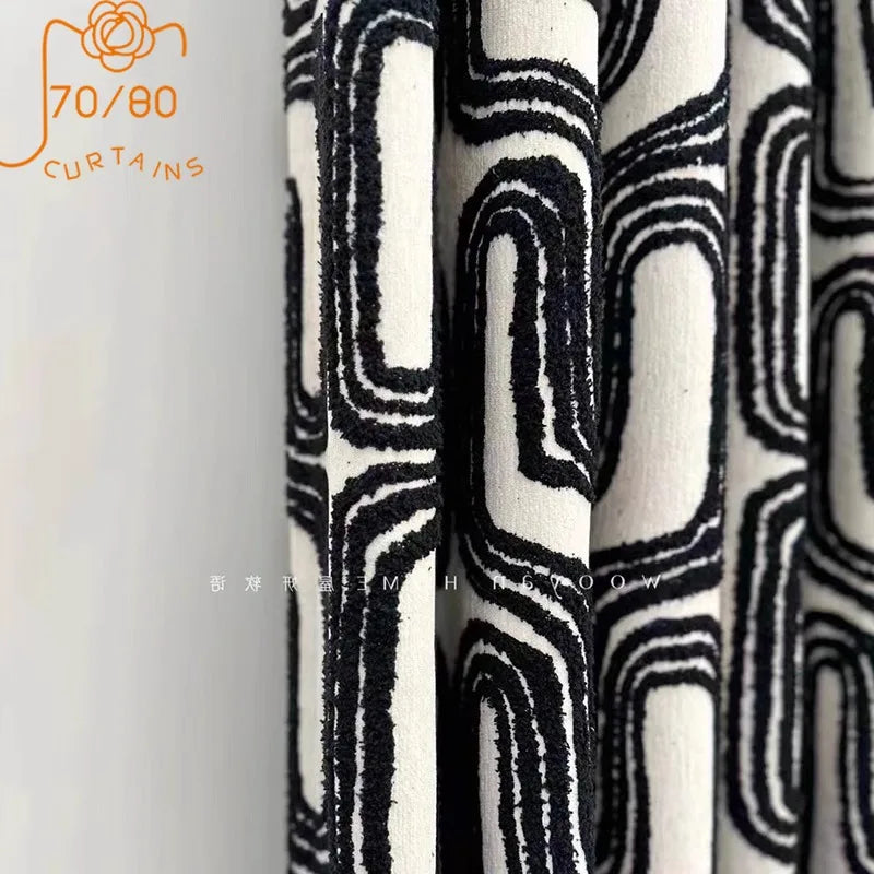Black and White Flocking Thickened Jacquard Chenille Curtains for Living Room Bedroom French Window Balcony Window Customized
