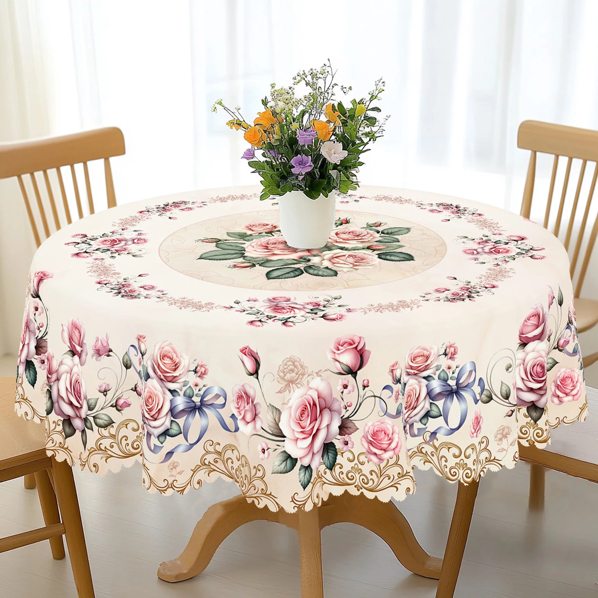 1 Piece Floral Round Tablecloth, 5 Sizes Available, Rose Flower Pattern Printed Tablecloth, Edge Embossing Process, Spring Garden Tablecloth Decoration, Tablecloth for Daily Home Kitchen, Terrace, Home Decoration, Spring Deco