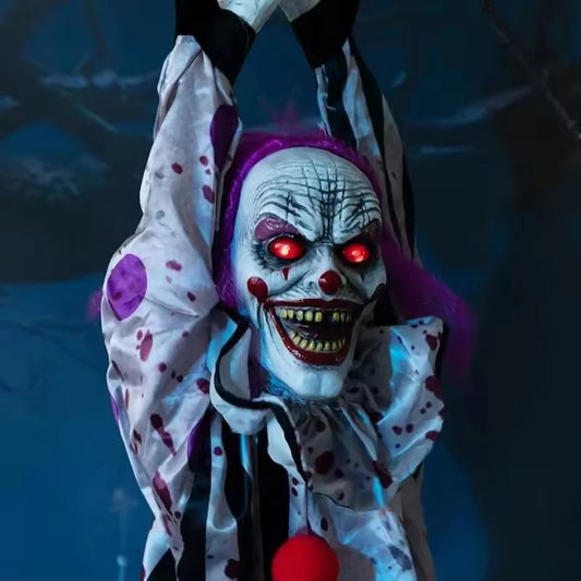 Halloween Animatronic Hanging Decoration Animated Talking Scary Clown with Chain Red Eyes Sound &Touch Activated Electric Horror