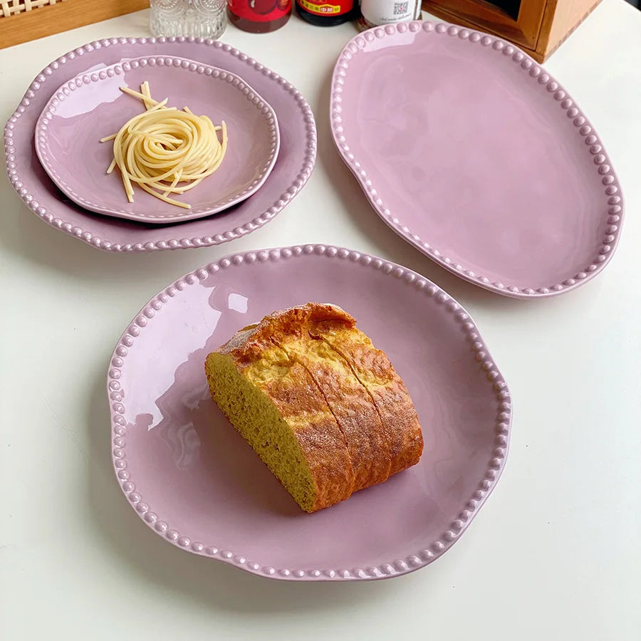 Taro Color French Wavy Lace Ceramic Tableware Rice Bowl Round Plate Soup Bowl Vegetable Plate Household Tableware Optional
