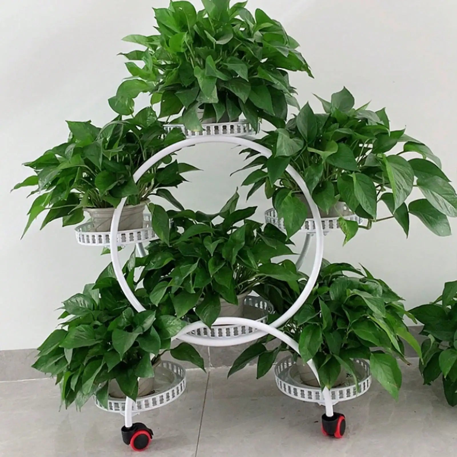 Pot Plant Shelf Round Metal Stand W/Wheel Rack for Flowers Balcony Garden