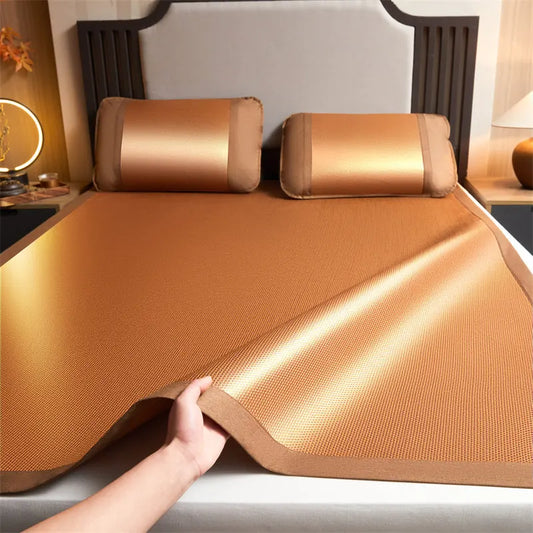 Natural Bamboo Summer Mat for Bed Cooling Fleeing Bed Pad and Pillowcase Non Slip Comfortable Fitted Bed Sheet Set Bedding Sets