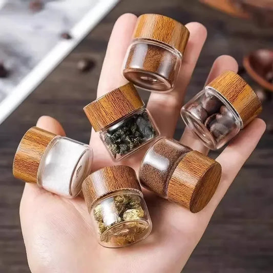20/1PC Mini Glass Bottles Portable Coffee Beans Storage Container Tube Wood Lid Kitchen Sealed Canister Small Tea Spice Jars