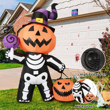 6FT Halloween Inflatable Pumpkin Skull Body Outdoor Decorations Blow Up Yard Pumpkin for Garden Lawn Party Decor
