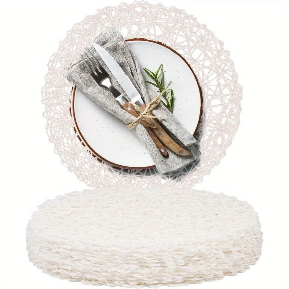 6pcs Paper Braided Round Placemats Natural Non-Slip Heat Resistant Table Mats for Dining Tables Woven Indoor Outdoor