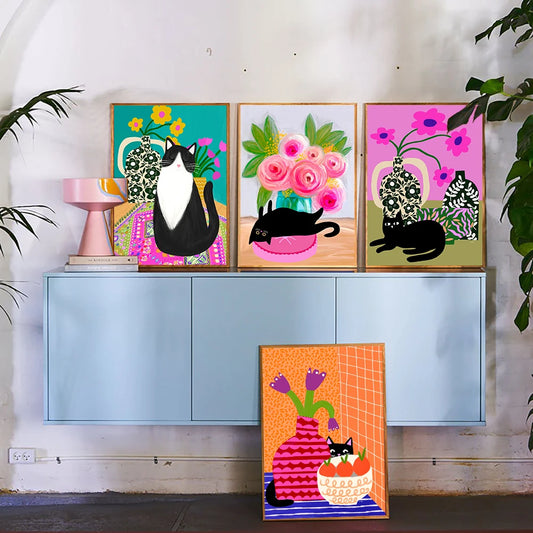 Colorful Abstract Canvas Painting for Kids Room, Fashion Flower, Black Cat, Pink Rose Print Poster, Wall Art Picture, Home Decor