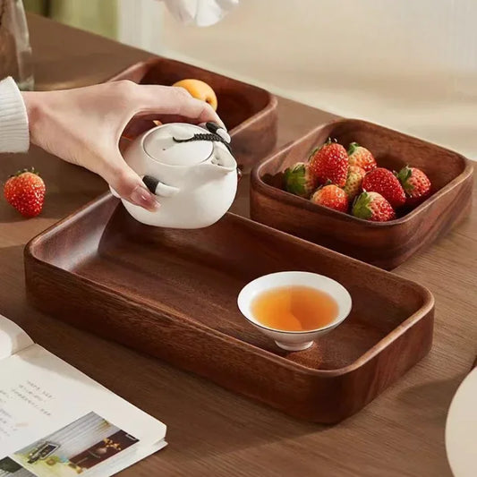 Solid Wood Tray Acacia Wood Premium Kung Fu Tea Small Tray Fruit Snacks Nuts Dessert Plate Desktop Storage Tableware