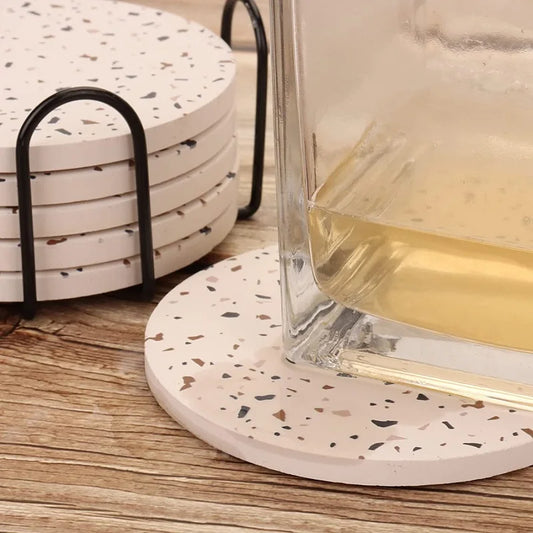Inyahome Terrazzo Pattern Coasters for Drinks Set of 1/4/6 Coffee Table Ceramic Stone Modern Bar Tools for Drinks Mug Round Mats