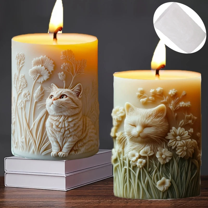 Cute Cat Relief Cylinder Candle Silicone Mold Pet Cat Flower Plant Relief Cylinder Resin Mould Cats Relief Cylinder Gypsum Molds