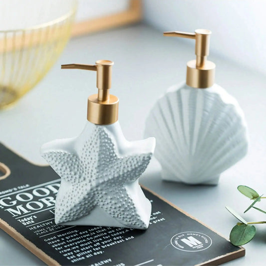 1Pc Elegant Coastal-Chic Ceramic Lotion Dispenser:Starfish & Shell ,Conch Design With Golden Matte Pump for Bathroom Or Kitchen