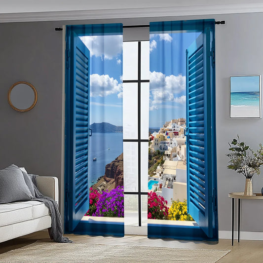 2pc, Party Window Curtains Aegean traditional architecture flowers window landscape 100% Polyester,Without Electricity Versatile