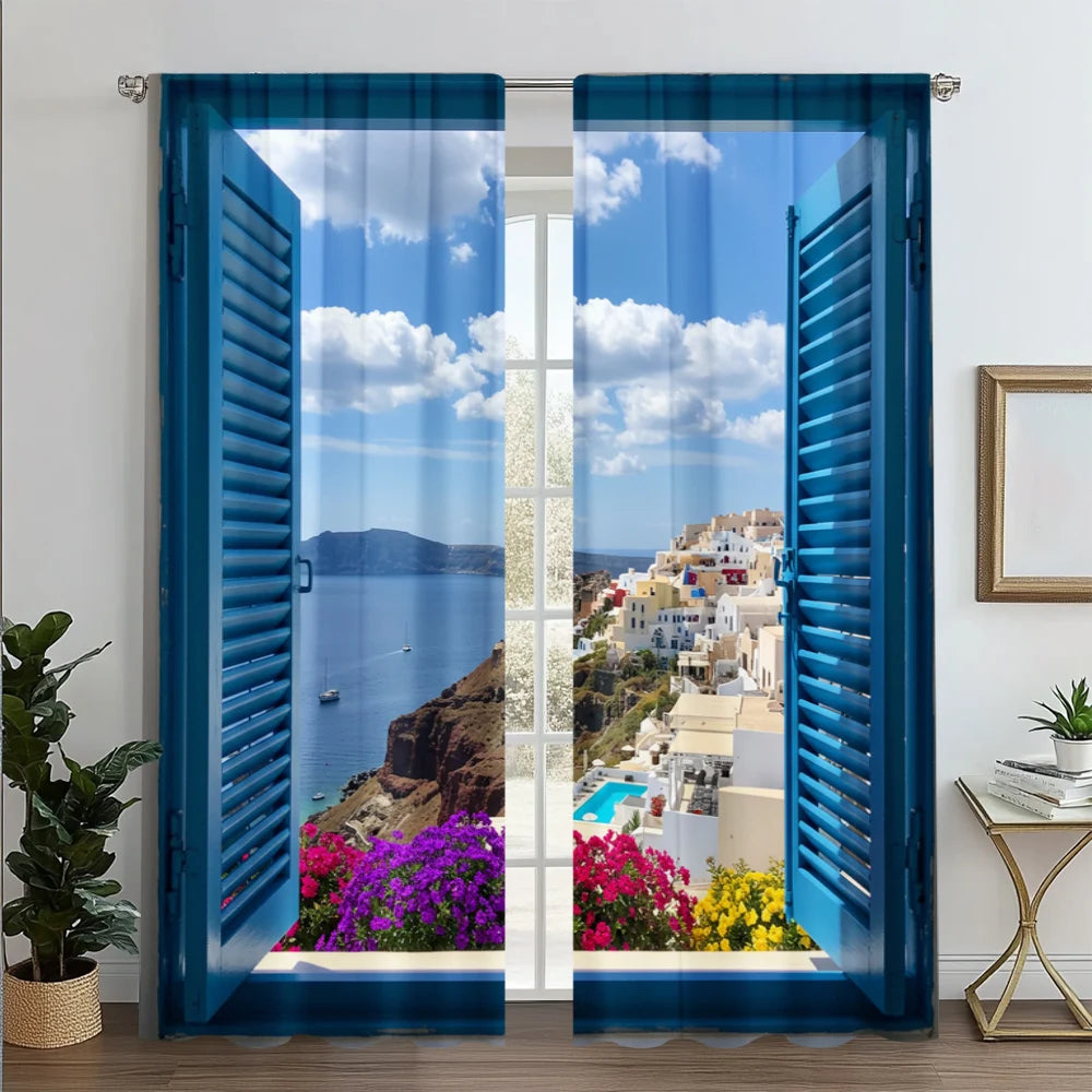 2pc, Party Window Curtains Aegean traditional architecture flowers window landscape 100% Polyester,Without Electricity Versatile