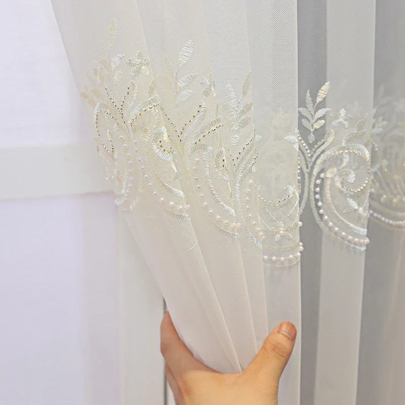 Romantic And Luxurious White Window Screen, Pearl Embroidery Gauze Curtain For Living Room Bedroom Balcony Translucent Curtain