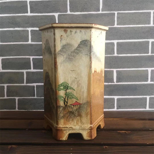 Hand Carved Bonsai Pot with Base, Ceramic Cymbidium Plant, Cylinder Shape, Traditional Chinese Garden Decoration