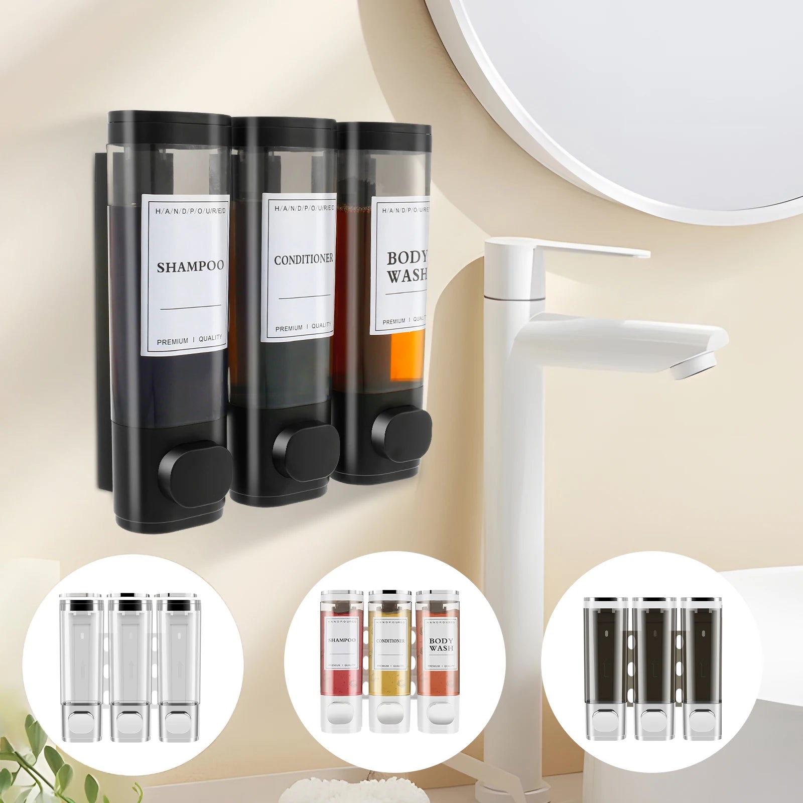 Refillable Bottles No Drill Shampoo and Conditioner Dispenser Transparent Liquid Soap Dispenser for Bathroom Hotel Accessories