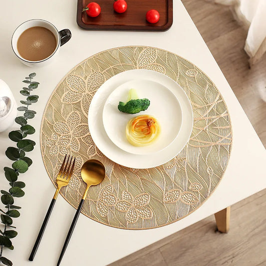 Hollow Out Round Decor Gold Dining Table Mat 38cm PVC Decorated Individual Table Placemats for for Home Hotel Decoration