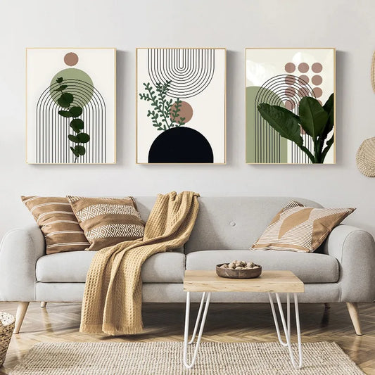 3 Pieces Bohemian Light Frameless Canvas Painting Simple Green Leaves Plant Poster Simple Lines Bedroom Decorative Wall Art