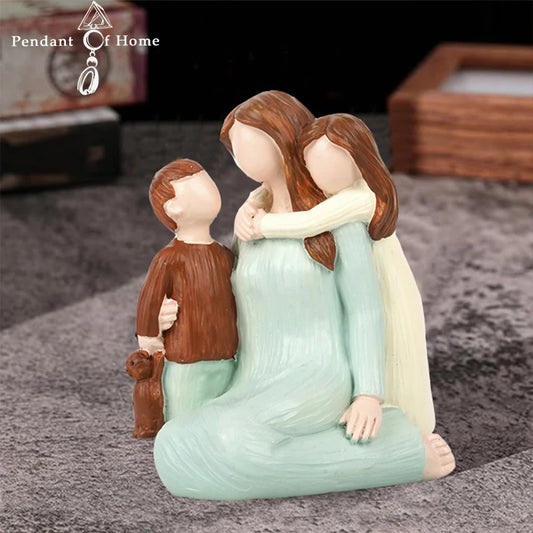 Hand-Painted Resin Mother And Kids Figurine - Sculpture of Mother with Two Children (Son&Daughter) Perfect Gift for Mother's Day