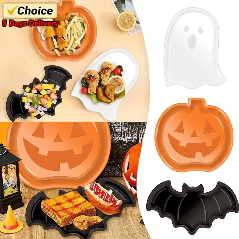Halloween Party Serving Plate Cute Pumpkin Bat Ghost Shaped Food Trays Plastic Reusable Dessert Snack Candy Serving Platters