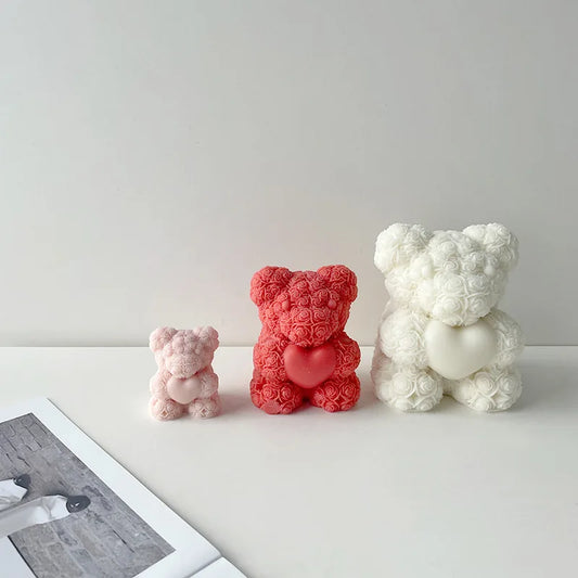Valentine's Day Love Rose Bear 3D Candle Silicone Mold DIY Bears Handmade Soap Plaster Aroma Candle Mold Home Decor Crafts