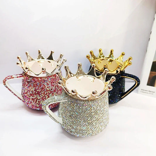Sparkling Rhinestones Ceramic Mug with Crown Lid Cute Coffee Mug Milk Tea Cup Luxury Creative Water Mugs Bling Gift