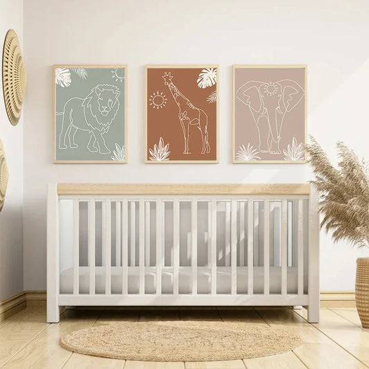 3pcs Boho Safari Line Art Kids Bedroom Nursery Poster Lion Elephant Giraffe Jungle Animals Minimalist Canvas Painting Wall Art