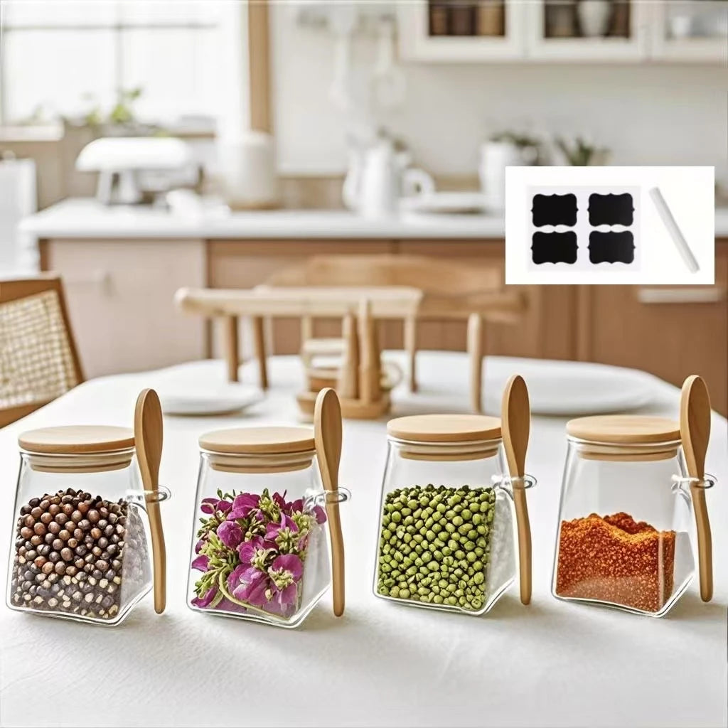 1/2/3/4Pcs-340Ml Rectangular Glass Jar Container, Kitchen Glass Seasoning Jar, Glass Spice Jar with Lid, Overnight Oatmeal Container, with Spoon Yogurt Jar, Wide-Mouth Sealed Glass Jar, Food Organization Storage Container, Sq