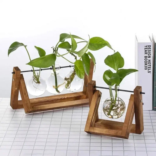 Hydroponic Plant Vases Glass Vase Vintage Bonsai Flower Pot Terrarium Tabletop Tray Wooden Frame Home Decor Cactus decoration