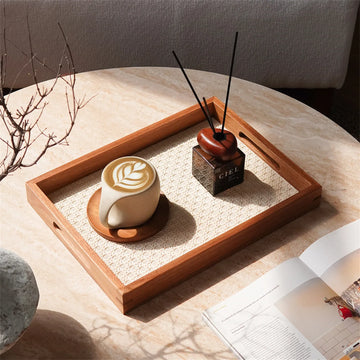 Solid Wood Frame Wood Tray Household Wooden Rattan Woven Leather Tray Put Cups Wooden Plate Coffee Dessert Storage Dinner Plate