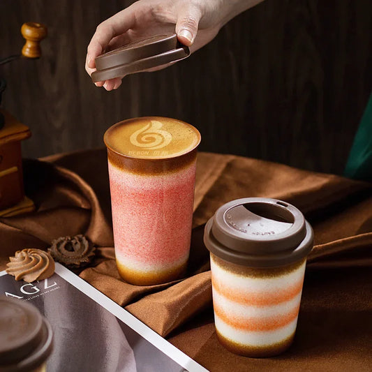 290/350ml Portable Couple Ceramic Coffee Cup, Ceramic Kiln Made Coffee Cup, Silicone Lid Latte Coffee Cup, Milk Tea Cup