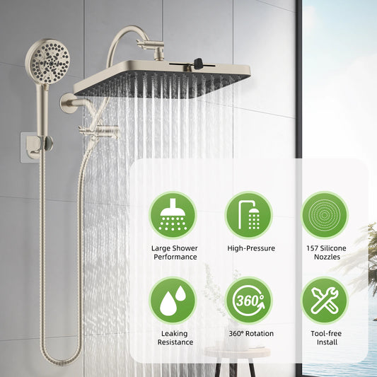 Hibbent 5-spray 13'' Shower Head, Dual Showerhead Combo with 10-mode Handheld Spray, 12'' Adjustable Extension Arm