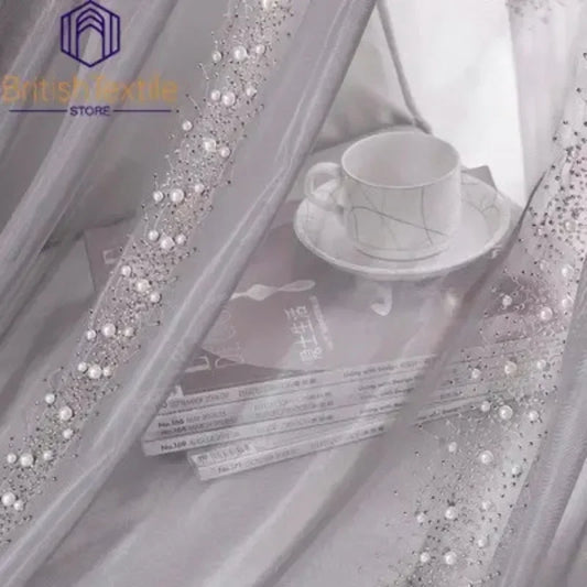 Light Luxury Curtains for Living Room Bedroom Nordic French Pearl Tulle Villa Window Screen Luxury High-end White Gray