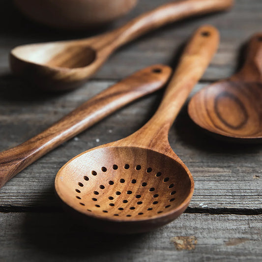 Set of 6 Wooden Cooking Spoons – Teak Wood Utensils for Non-Stick Cookware | NaturalBuiltHome