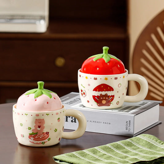 Adorable Strawberry Ceramic Mug w/Lid, Bear Cartoon, Microwave - Friendly for Coffee/Tea/Oat Milk, Ideal Girl’s Gift