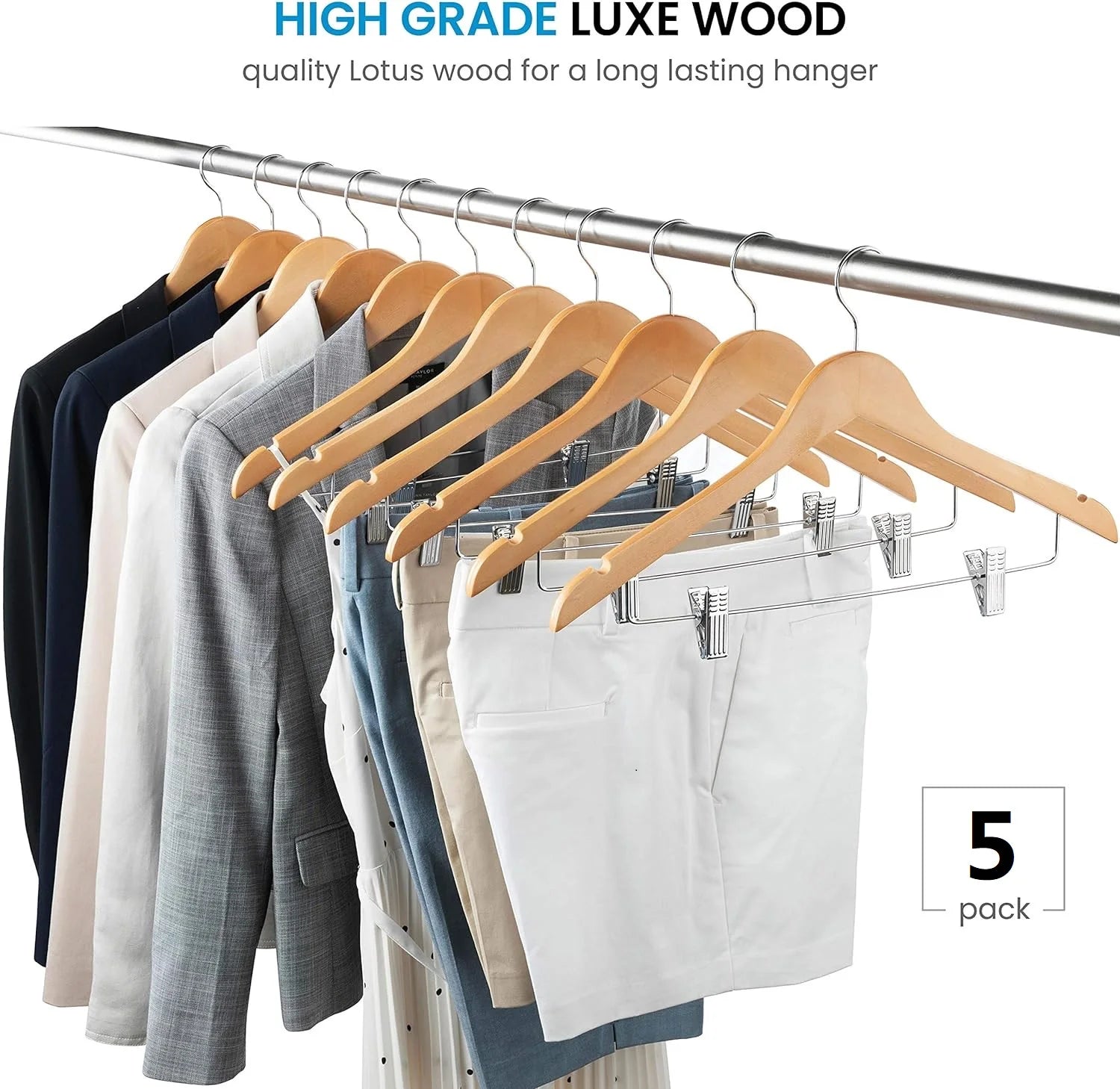 5 Pack High-Grade Wooden Suit Hangers with Adjustable Metal Clips 360° Swivel Hook Shoulder Notches for Dress Coat Blouse Jacket