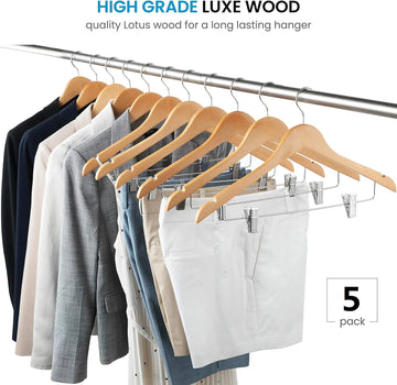 5 Pack High-Grade Wooden Suit Hangers with Adjustable Metal Clips 360° Swivel Hook Shoulder Notches for Dress Coat Blouse Jacket