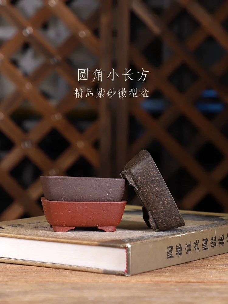 Purple Sand Round Angle Rectangle Bonsai Pot,Small Plant, Traditional Chinese Garden Decoration