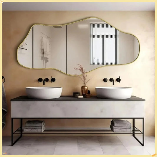 Large Gold Floor Mirror Irregular Shape, Modern Wavy Design for Bedroom & Entryway
