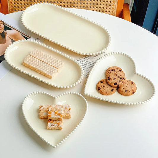 French Ins Ceramic Plate Pearl Oval Plate Heart Type Breakfast Western Afternoon Tea Dessert Plate Salad Cake Bowl
