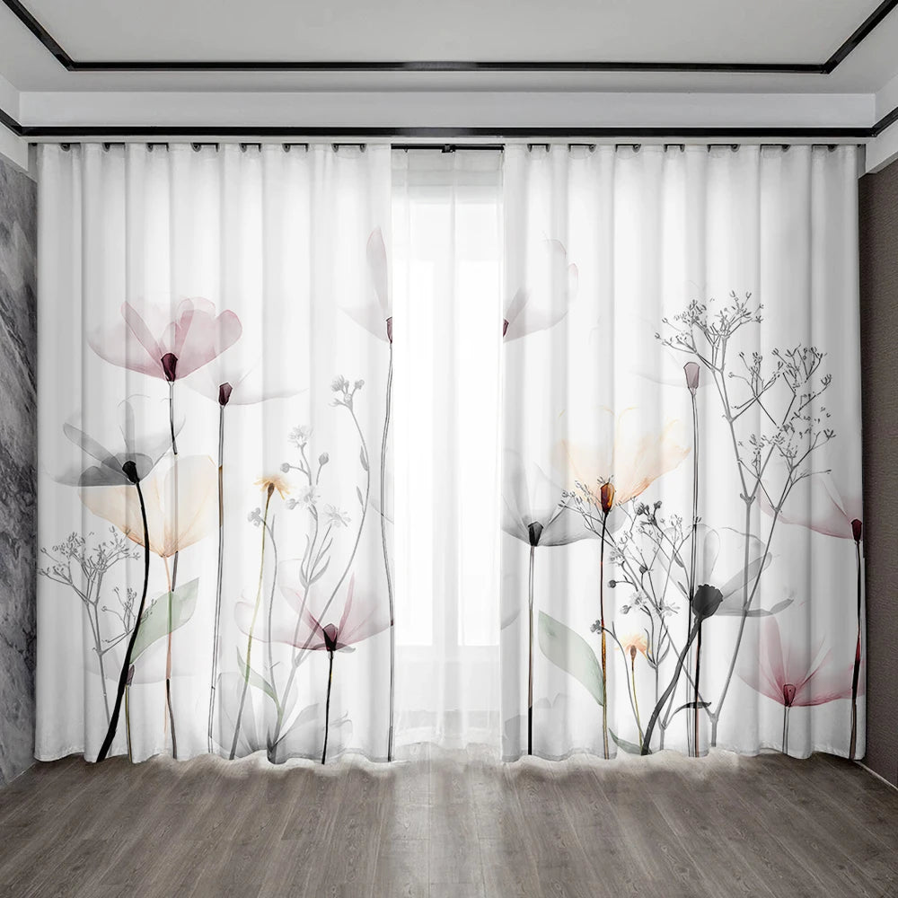2PC Home Decoration Curtains With Floral Background And Rod Pocket Curtains, Kitchen,Coffee Shop, Living Room, Balcony, Garden
