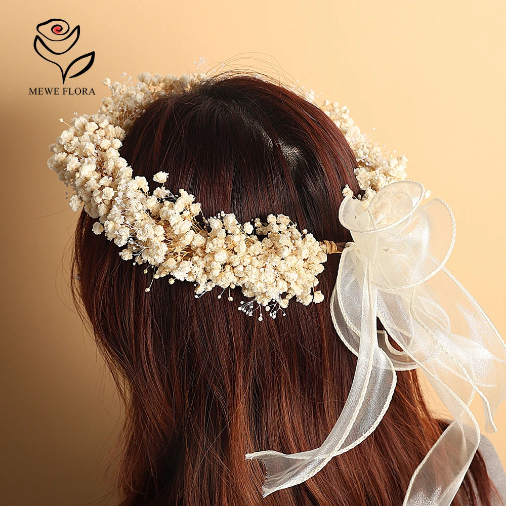 Dried Flowers Wreath Handmade Preserved Gypsophila Garland Headpiece Bridal Flower Girls Kids Women Festival Hair Headband Crown