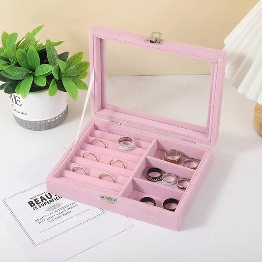Velvet Ring Organizer Box – Dust-Proof Jewelry Storage Tray with Clear Lid for Rings & Earrings | NaturalBuiltHome