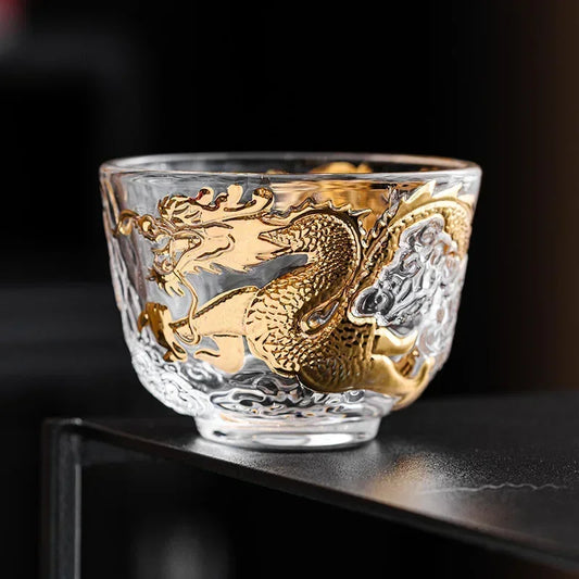 Chinese Golden Dragon Auspicious Cloud Teacup Gold Painted Master Cup Crystal Transparent Glass Zen Kung Fu Tea Bowl