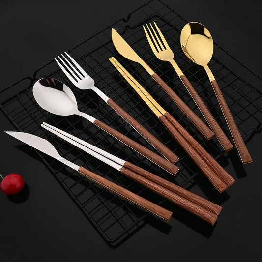 8/12Pcs Stainless Steel Cutlery Set with Wooden Handle – Fork Spoon Knife Chopsticks Flatware Set | NaturalBuiltHome