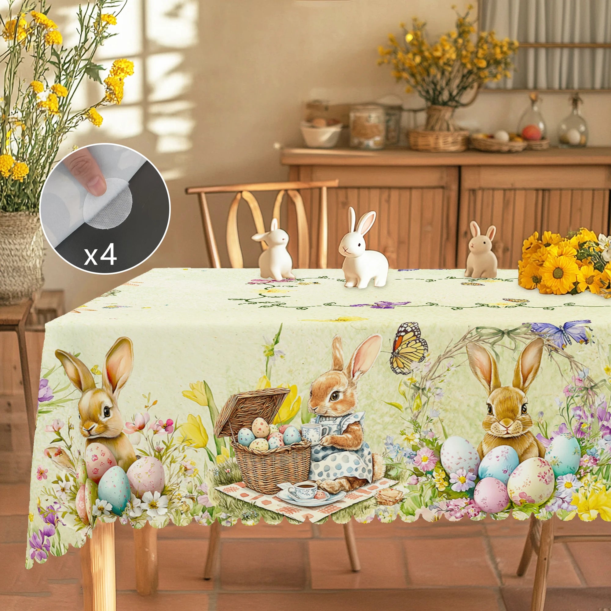 1 Easter Round Tablecloth, 5 Sizes Available, Tulip Easter Bunny Egg Garden Printed Square Tablecloth, Edge Embossing Process, Spring Garden Tablecloth Decoration, Tablecloth for Daily Home Kitchen, Terrace Use, Easter Decora