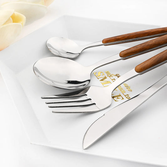 24Pcs Brown Silver Cutlery Set – Stainless Steel Dinnerware with Imitation Wooden Handle | Knife, Fork & Spoon Flatware Set | NaturalBuiltHome