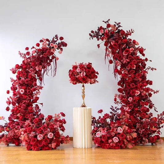 Red Rose Peony Floral Arrangement ox Horn Arch Wedding Decor Flower Stand Artificial Floor Flower Table Centerpiece Party Props